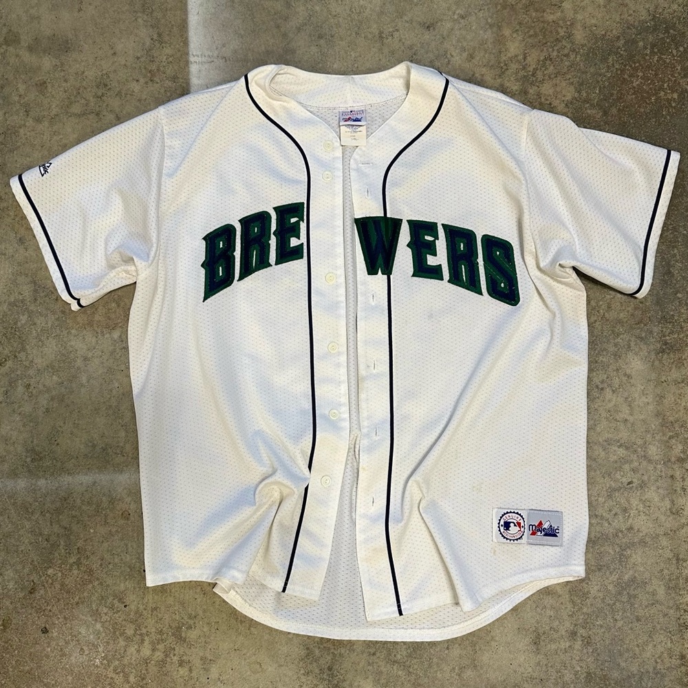 Majestic Brewers White Jersey with Green Embroidery